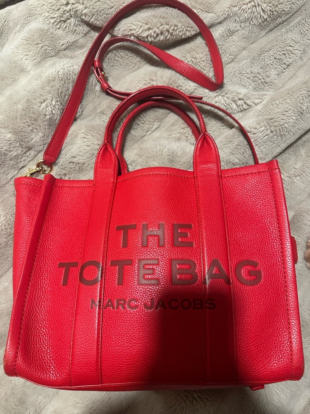 Marc Jacobs Red Pebbled Leather Tote with Logo